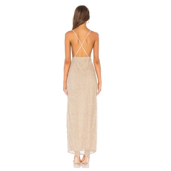 REVOLVE X SUPERDOWN Hailee High Slit Gold Slit Champagne Maxi Dress Size L NWT - Picture 12 of 13